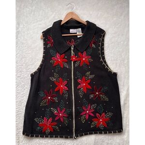 Vintage White Stag Women’s Plus Christmas Poinsettia Embroidered Sweater Vest
